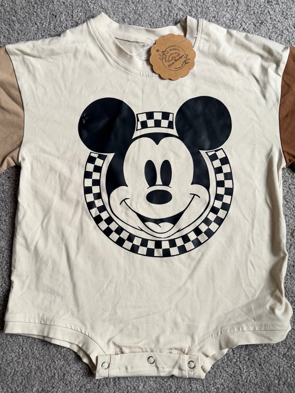 Cream and Brown Short Sleeve Kids Tee with Mickey Graphic